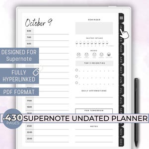 May include: A black and white planner with a grey background. The planner is designed for Supernote and is fully hyperlinked in PDF format. The planner has 430 pages and is undated. The planner has a daily layout with sections for water intake, mood, top 3 priorities, daily affirmations, and notes. The planner also has a section for tomorrow's tasks. The planner has a tabbed design with tabs for each month of the year.