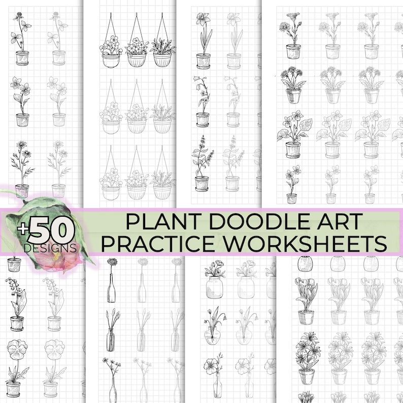 May include: Black and white plant doodle art practice worksheets. The image shows multiple pages with various hand-drawn plant illustrations, including potted plants and hanging baskets. The text "+50 Designs" is visible.