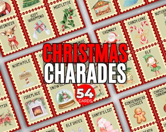 May include: A set of 54 Christmas charades cards with illustrations of various Christmas themes, including a snowman, a Christmas tree, a fireplace, a candy cane, a gingerbread cookie, and Santa Claus. The cards are printed on a beige background with red borders and have a vintage stamp design.