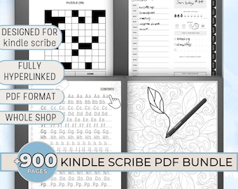 Puede incluir: Una tableta digital que muestra un paquete de PDF de Kindle Scribe con más de 900 páginas. El paquete incluye una variedad de contenido, como rompecabezas, páginas para colorear y papel rayado. El texto "+900 KINDLE SCRIBE PDF BUNDLE" se muestra en la pantalla.