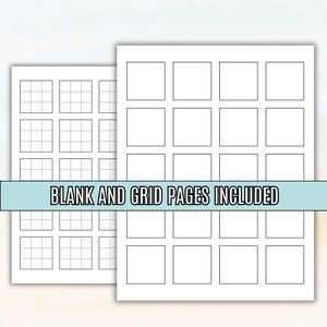 May include: Two printable pages with blank and grid layouts. The first page has 12 squares with a grid pattern. The second page has 12 blank squares. The text "BLANK AND GRID PAGES INCLUDED" is at the bottom of the page.
