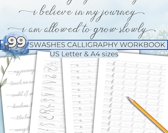Swashes Calligraphy Worksheets, Improve Lettering Monoline, Cursive Calligraphy Practice Sheets, Printable Hand Lettering, Flourishing Sheet