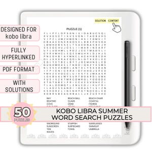 May include: A Kobo Libra e-reader shows a summer word search puzzle. The screen displays a grid of letters with words like "sunscreen" and "umbrella" listed below. A stylus rests on the side. The image also includes text that says "50 puzzles".