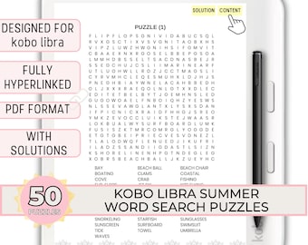Kobo Zomer Woordzoeker Kobo Weegschaal Kleur Zomer Thema Brain Teaser Puzzel Kobo-sjabloon Hyperlinked Elipsa 2E, Elipsa, Salie