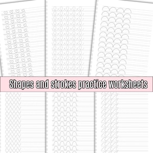 May include: Black and white printable worksheets for practicing shapes and strokes. The worksheets feature dotted lines for tracing various shapes, including hearts, circles, arches, waves, and zigzags. The text "Shapes and strokes practice worksheets" is printed at the top of the page.