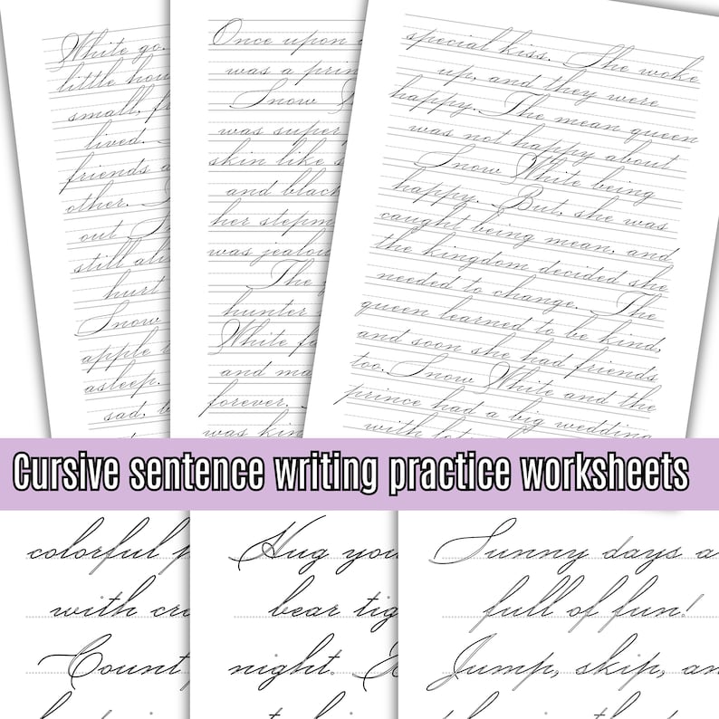 Puede incluir: Hojas de trabajo de escritura cursiva para ni&ntilde;os. Las hojas de trabajo presentan l&iacute;neas para la pr&aacute;ctica de la escritura e incluyen varias frases como "White goes to the little house" y "Sunny days are full of fun!"