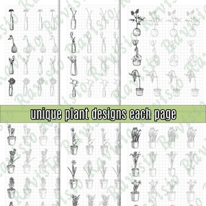 May include: A series of black and white sketches of various plants and floral arrangements, including potted plants and vases. The text "unique plant designs each page" is visible. The drawings are on a grid background.