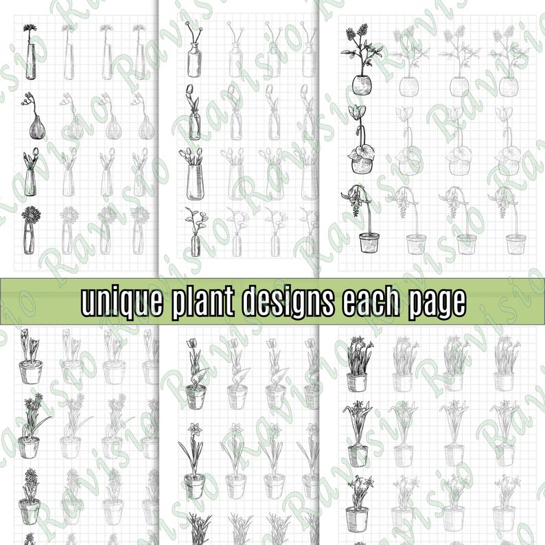 May include: A series of black and white sketches of various plants and floral arrangements, including potted plants and vases. The text "unique plant designs each page" is visible. The drawings are on a grid background.