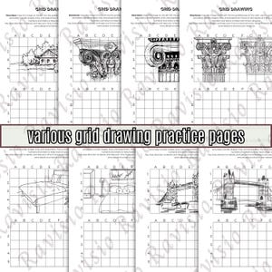 May include: A set of grid drawing practice sheets. Each sheet presents a different image, such as architectural details, furniture, and famous landmarks, with a grid for precise copying. The text "various grid drawing practice pages" is visible.