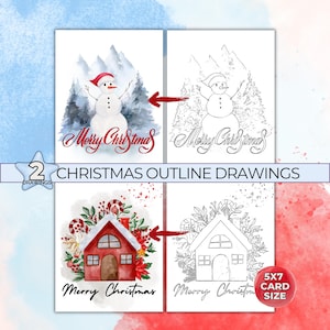 Weihnachtsschneemann Umrisszeichnungen für Malerei, Aquarellzeichnung Umrisse, Weihnachtshaus Malseite, nachvollziehbare druckbare Vorlage. 