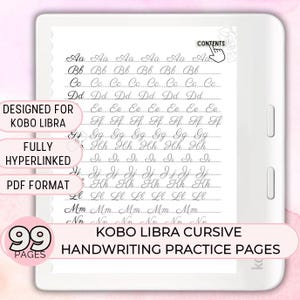 Può includere: Un e-reader Kobo Libra mostra pagine di pratica di scrittura corsiva. Lo schermo mostra l'alfabeto in corsivo, con le parole "Designed for Kobo Libra", "Fully Hyperlinked" e "PDF Format" sul lato. È visibile anche il testo "Kobo Libra Cursive Handwriting Practice Pages".