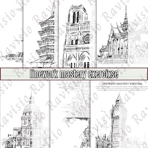 May include: A series of black and white line drawings depicting famous buildings such as a pagoda, Notre Dame, and Big Ben. The words "linework mastery exercise" are written across the center of the image.