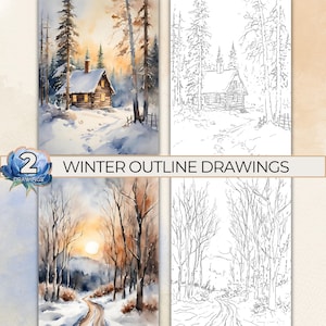 Winteroverzichtstekeningen om te schilderen, aquareltekening contouren besneeuwd winterberglandschap Kleurplaat afdrukbare sjabloon traceerbaar