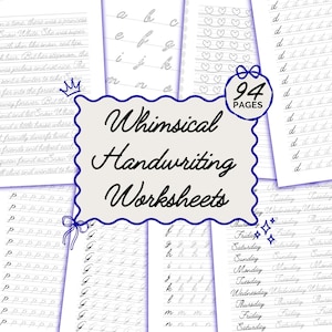 Può includere: Una raccolta di 94 pagine di fogli di lavoro per la scrittura a mano. I fogli di lavoro presentano pagine di esercizi per lettere minuscole e maiuscole, parole e frasi. Il titolo "Whimsical Handwriting Worksheets" è visualizzato in un carattere decorativo. Le pagine hanno uno sfondo chiaro con accenti blu.