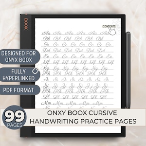 May include: A black and white image of a digital tablet displaying a cursive handwriting practice workbook for the Onyx Boox e-reader. The workbook contains 99 pages of cursive letter practice and the text "ONXY BOOX CURSIVE HANDWRITING PRACTICE PAGES" is displayed at the bottom of the screen.