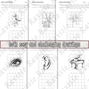 May include: A set of grid drawing practice sheets featuring various images, including a cotton plant, an elephant, and a flower. Each drawing is accompanied by a grid for accurate replication. The text "both easy and challenging drawings" is also present.