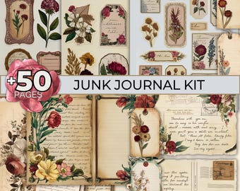 Vintage Junk Journal Seiten Kit, Altpapier Ephemera Pack, bedruckbares Sammelalbum, Floral Cottagecore Collage Sheet, altes digitales Papier
