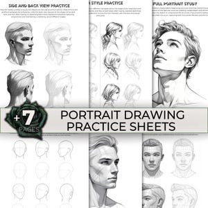 Può includere: Fogli di pratica per il disegno di ritratti con esempi di viste laterali e posteriori, pratica dello stile dei capelli e studi di ritratti completi. I fogli mostrano illustrazioni dettagliate di tratti del viso e capelli.