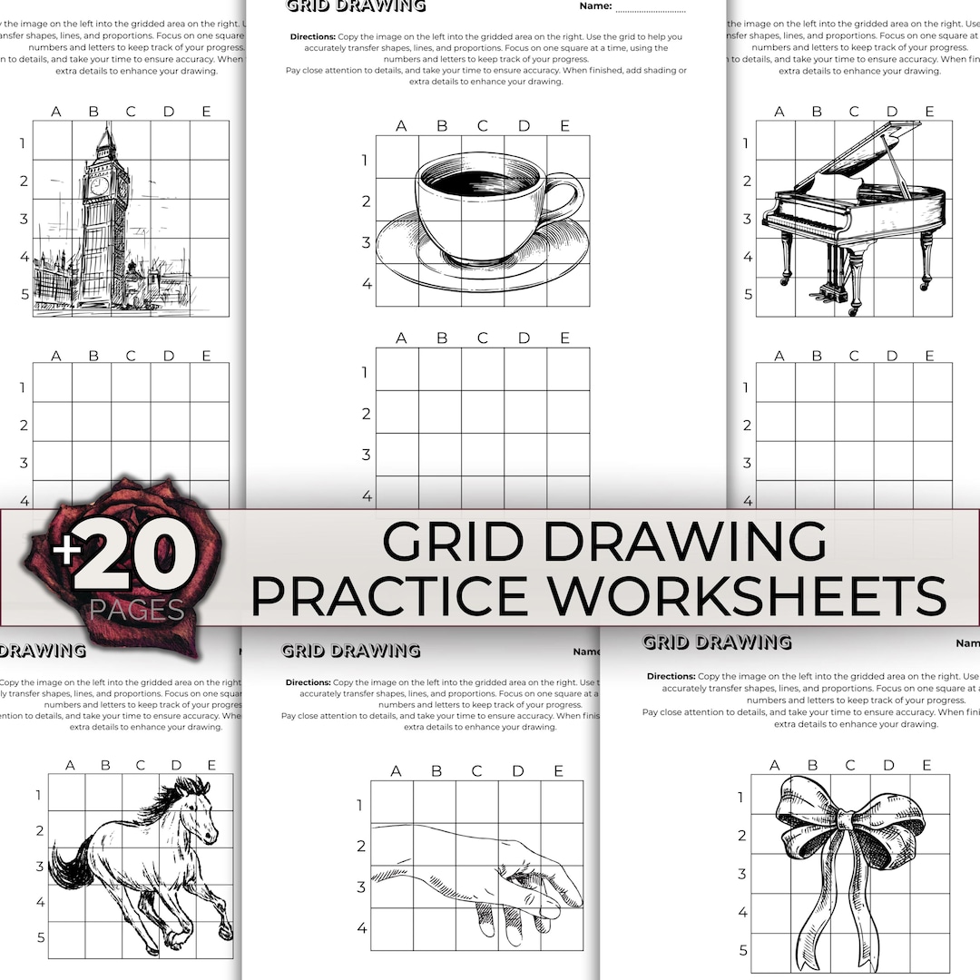 Grid Drawing Practice Worksheets, Pencil Drawing Tutorial Printable