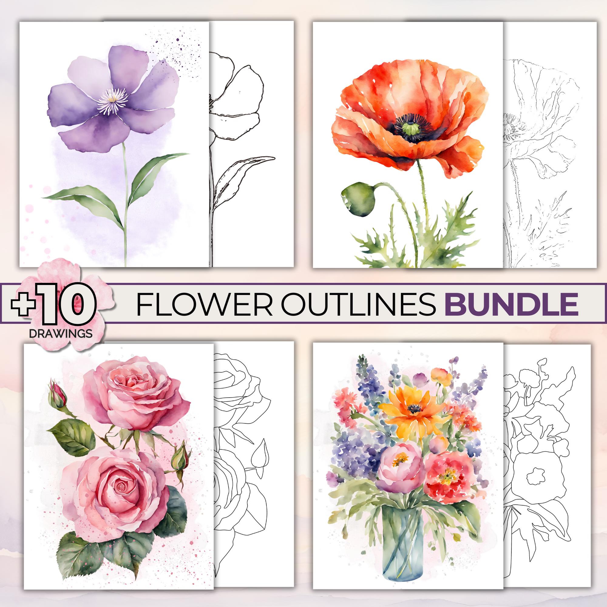 Flower Outline Drawings for Painting, Watercolor Drawing Outlines, Coloring Outline, Flower Coloring Page, Drawing Outline Printable