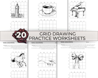 Grid Drawing Practice Worksheets, Pencil Drawing Tutorial Printable Learn To Draw Art Lesson Art Class, How to Draw, Drawing Lesson Resource