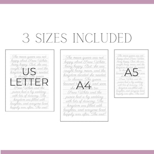May include: Three printable versions of a handwritten story about Snow White, in US Letter, A4, and A5 sizes. The text reads "The mean queen was not happy about Snow White being happy. But she was caught being mean, and the kingdom decided she needed to change. The queen learned to... and soon she... too. Snow White and the prince had a big wedding with lots of dancing. The kingdom was filled with laughter, and everyone lived happily ever after. The end!"