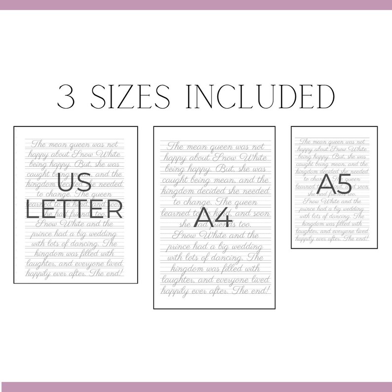 May include: Three printable versions of a handwritten story about Snow White, in US Letter, A4, and A5 sizes. The text reads "The mean queen was not happy about Snow White being happy. But she was caught being mean, and the kingdom decided she needed to change. The queen learned to... and soon she... too. Snow White and the prince had a big wedding with lots of dancing. The kingdom was filled with laughter, and everyone lived happily ever after. The end!"