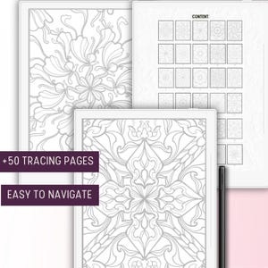 Puede incluir: Una tableta de dibujo digital con un marco blanco y un l&aacute;piz negro. La pantalla muestra un dise&ntilde;o floral intrincado en blanco y negro. El texto "+50 TRACING PAGES" y "EASY TO NAVIGATE" se muestra en la pantalla.