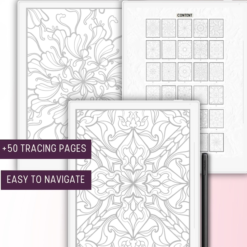 Puede incluir: Una tableta de dibujo digital con un marco blanco y un l&aacute;piz negro. La pantalla muestra un dise&ntilde;o floral intrincado en blanco y negro. El texto "+50 TRACING PAGES" y "EASY TO NAVIGATE" se muestra en la pantalla.