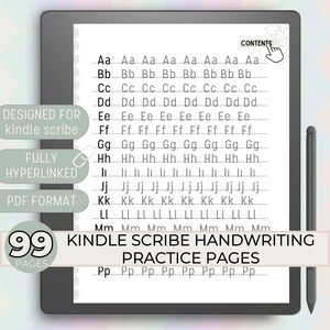 May include: A digital tablet screen displaying a printable handwriting practice sheet for Kindle Scribe. The sheet features the alphabet from A to P, with each letter repeated multiple times on a line. The text "KINDLE SCRIBE HANDWRITING PRACTICE PAGES" is displayed at the bottom of the screen.