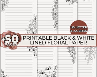Black and White Floral Lined Paper, Printable Stationery Paper, Journal Writing Paper, Minimalist Lined Sheet Instant Digital Download