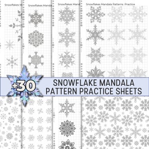 May include: A set of printable snowflake mandala pattern practice sheets. The sheets feature over 30 different snowflake designs, ideal for practising drawing and colouring.