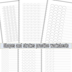 May include: Black and white printable worksheets for practising shapes and strokes. The worksheets feature dotted lines for tracing various shapes, including circles, ovals, arches, and zigzags.  "Shapes and strokes practice worksheets" is printed at the top of the page.