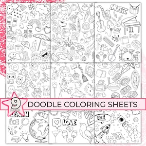 May include: Nine black and white doodle colouring pages featuring various themes, including nature, music, food, and learning. Each page is filled with detailed drawings of objects and symbols, perfect for colouring and creative expression.