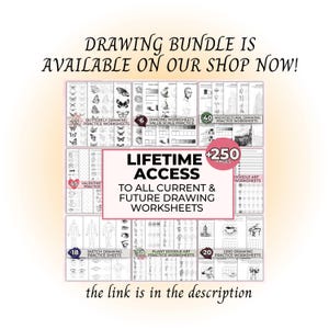 May include: A set of drawing practice sheets, featuring butterfly, shading, architectural, and doodle art exercises. The image displays the text "DRAWING BUNDLE IS AVAILABLE ON OUR SHOP NOW!" and "LIFETIME ACCESS". The image also states "the link is in the description".