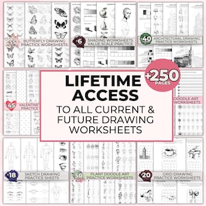 May include: A collection of drawing practice worksheets, including butterfly, shading, architectural, and doodle art. The image features the text "LIFETIME ACCESS TO ALL CURRENT & FUTURE DRAWING WORKSHEETS" and over 250 pages.