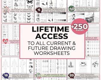 Drawing Sheets Bundle, Learn How To Draw Flowers, Leaves, Butterfly, Shading Worksheets, Printable Drawing Sheet, Pencil Drawing Practice