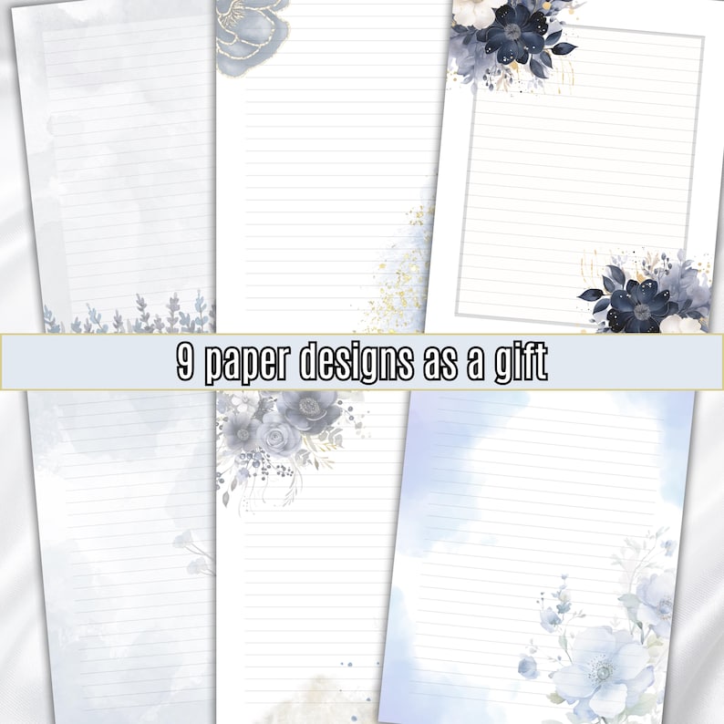 May include: Nine printable paper designs featuring a watercolour floral theme with blue and grey flowers. The designs include lined paper with a variety of floral borders.