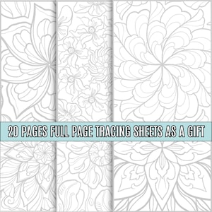 May include: 20 pages of full page tracing sheets featuring intricate floral designs.  These printable sheets are perfect for practicing fine motor skills and creativity.