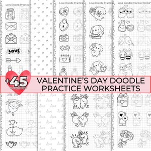 Puede incluir: Un conjunto de 6 hojas de trabajo de garabatos para el Día de San Valentín con más de 45 garabatos diferentes. Las hojas de trabajo son en blanco y negro y tienen un patrón de cuadrícula. Los garabatos incluyen corazones, flores, animales y otras imágenes con temática del Día de San Valentín.