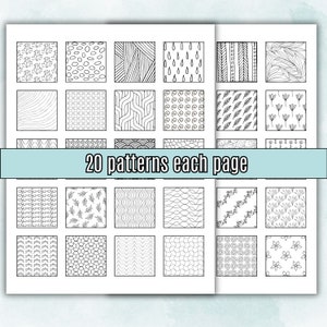 May include: A printable coloring page with 20 different black and white patterns on each page. The patterns are geometric, floral, and abstract.