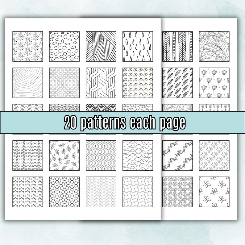 May include: A printable coloring page with 20 different black and white patterns on each page. The patterns are geometric, floral, and abstract.