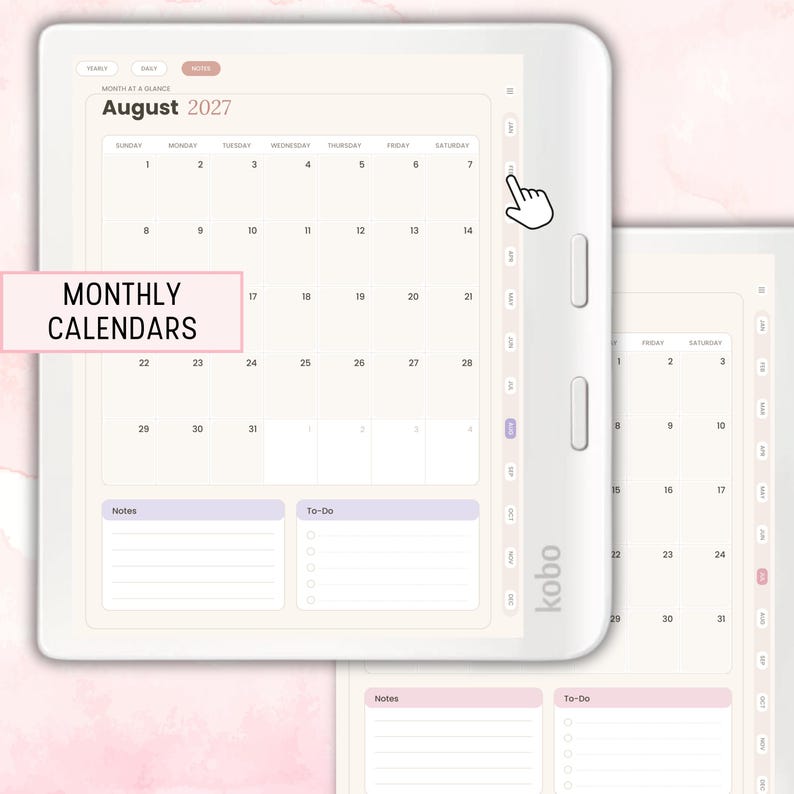 Peut inclure: Une liseuse Kobo blanche affichant un calendrier mensuel num&eacute;rique pour ao&ucirc;t 2027. L'&eacute;cran pr&eacute;sente une grille avec les jours de la semaine, une section notes et une liste de t&acirc;ches. Un curseur pointe vers la barre de navigation lat&eacute;rale.