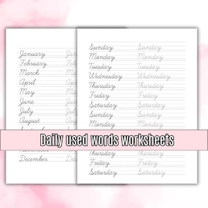 May include: A printable worksheet for practicing cursive handwriting. The worksheet features the days of the week and months of the year written in cursive script. The worksheet is designed for children learning to write in cursive.