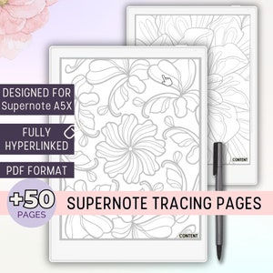 Op de afbeelding: Een set van 50 afdrukbare traceerpagina's ontworpen voor de Supernote A5X digitale notitieboek. De pagina's bevatten een bloemmotief met ingewikkelde details. De tekst "+50 SUPERNOTE TRACING PAGES" wordt weergegeven in een roze banner onderaan de afbeelding.