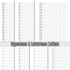 May include: A printable worksheet for practising cursive handwriting. The worksheet features uppercase and lowercase letters, with lines for writing each letter repeatedly. The letters are printed in black ink on a white background.