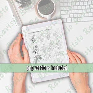 May include: A digital tablet displaying a worksheet with various leaf drawings on a grid background. The text "Leaves Drawing Practice Worksheets" is at the top of the page. The text "png versions included" is at the bottom of the page.