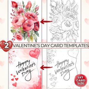 Valentinstag Kartenvorlage, Aquarell Umrisse zum Malen, Valentinstag Malseite zum Ausdrucken, Geschenkkarte zum Valentinstag, DIY Karte