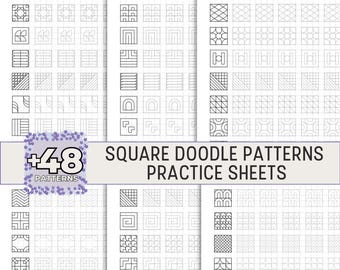 May include: A set of three printable practice sheets for drawing square doodle patterns. Each sheet features 16 different patterns, for a total of 48 patterns. The title "Square Doodle Patterns Practice Sheets" is at the top of the image.