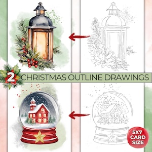 Kerstsneeuwbol omtrektekeningen om te schilderen, aquareltekening contouren kerstlantaarn kleurplaat afdrukbare sjabloon traceerbaar